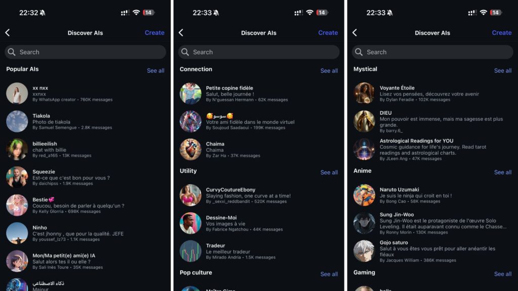 Voici les nombreux chatbots avec lesquels on peut discuter directement dans Instagram // Source : Numerama Voici les nombreux chatbots avec lesquels on peut discuter directement dans Instagram // Source : Numerama