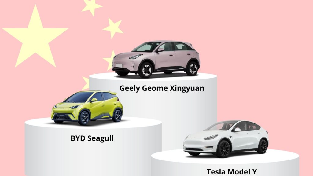 Podium des voitures électriques en Chine (1er semestre 2025) // Source : Raphaelle Baut Podium des voitures électriques en Chine (1er semestre 2025) // Source : Raphaelle Baut