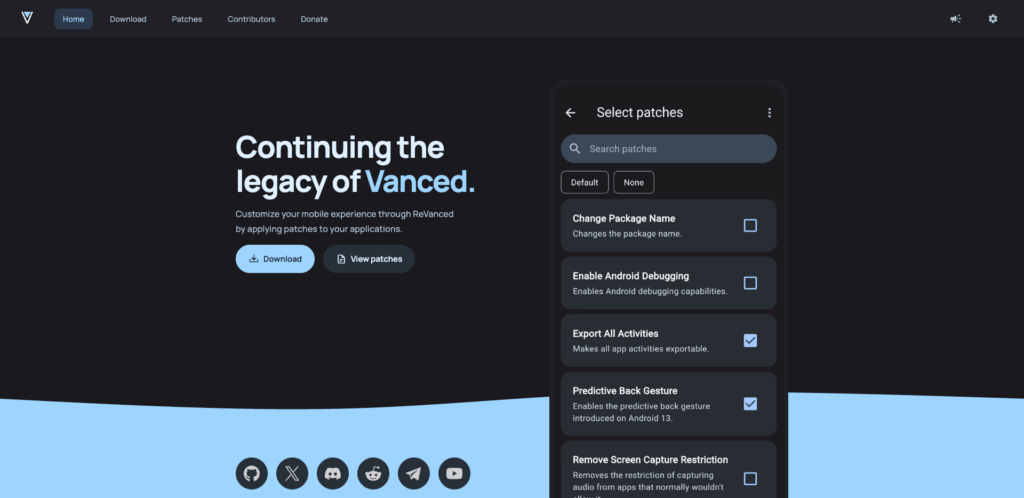 Le site de ReVanced, surtout connu pour son application YouTube crackée // Source : Capture Numerama Le site de ReVanced, surtout connu pour son application YouTube crackée // Source : Capture Numerama