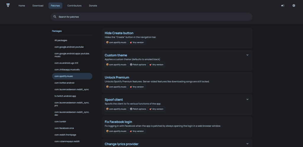 Parmi les patchs de ReVanced, il y en a un pour débloquer le Premium sur Spotify // Source : Capture Numerama Parmi les patchs de ReVanced, il y en a un pour débloquer le Premium sur Spotify // Source : Capture Numerama