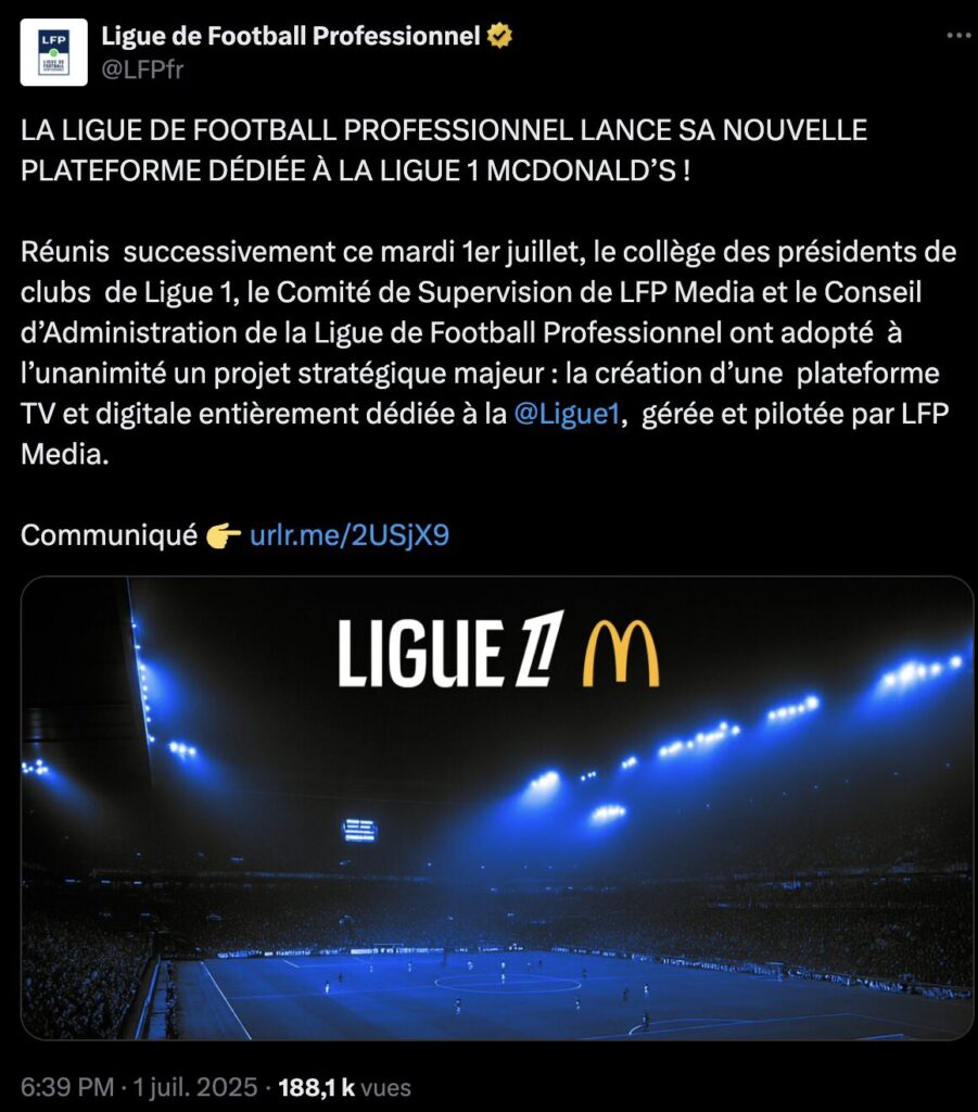 Le tweet d'annonce de la nouvelle chaîne de la Ligue 1. Le tweet d'annonce de la nouvelle chaîne de la Ligue 1.
