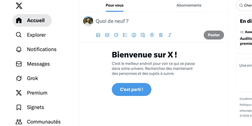 La page d'accueil de X avec la panne. La page d'accueil de X avec la panne.