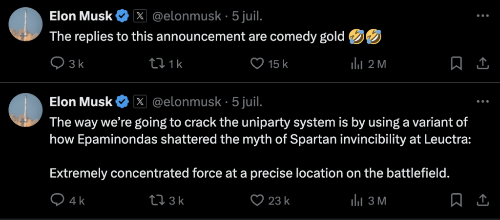 Elon Musk étant Elon Musk, il souhaite faire de l'humour sur son propre parti politique. Pas sûr qu'il le rende crédible. Elon Musk étant Elon Musk, il souhaite faire de l'humour sur son propre parti politique. Pas sûr qu'il le rende crédible.