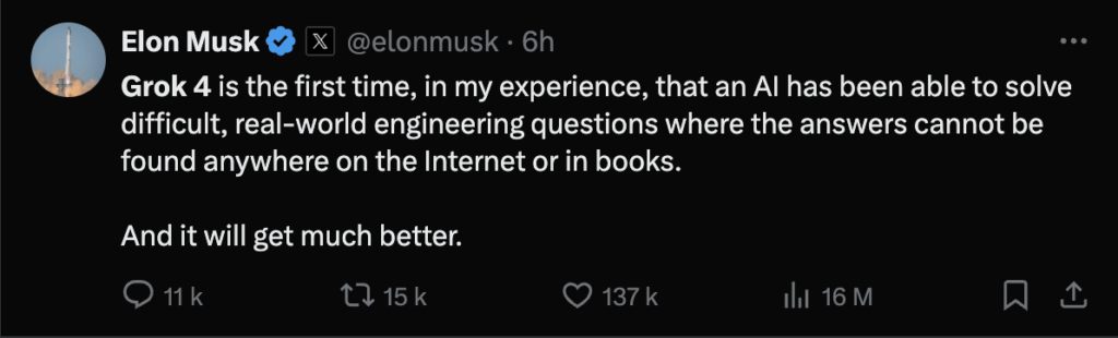Selon Elon Musk, Grok 4 est la première IA capable de répondre à des problèmes compliqués. Selon Elon Musk, Grok 4 est la première IA capable de répondre à des problèmes compliqués.