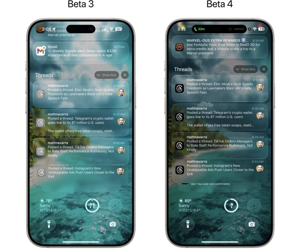 iOS 26 bêta 3 et iOS 26 bêta 4 : le fond d'écran s'obscurcit quand nécessaire, ce qui permet de conserver la transparence liquide.