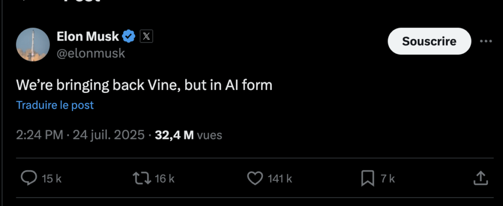 Elon Musk annonce le retour de Vine. Elon Musk annonce le retour de Vine.