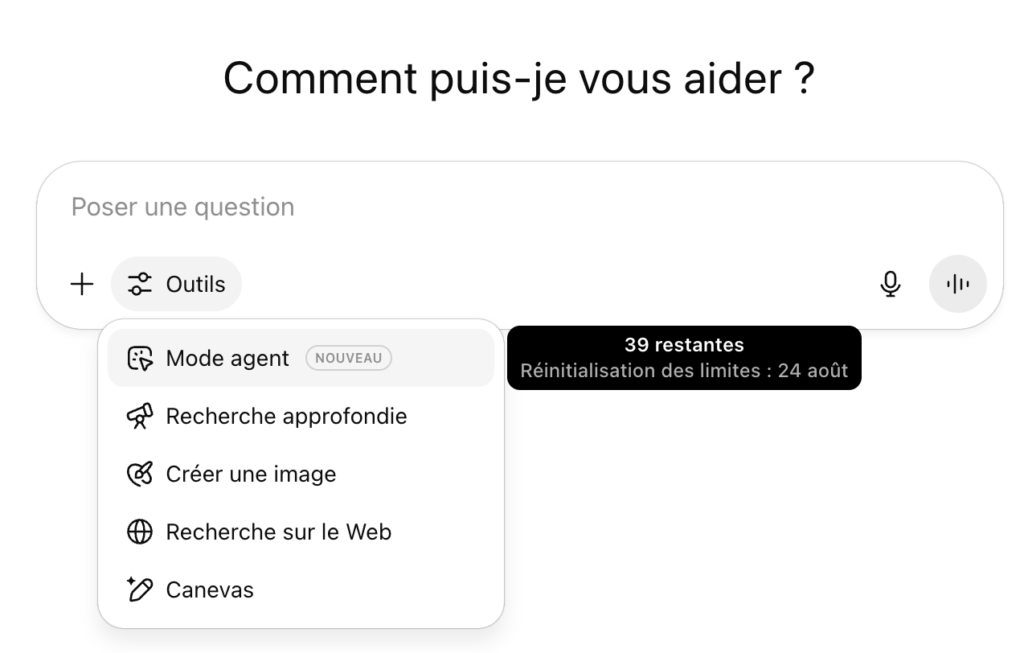 Le mode agent est disponible dans la section Outils. Le mode agent est disponible dans la section Outils.
