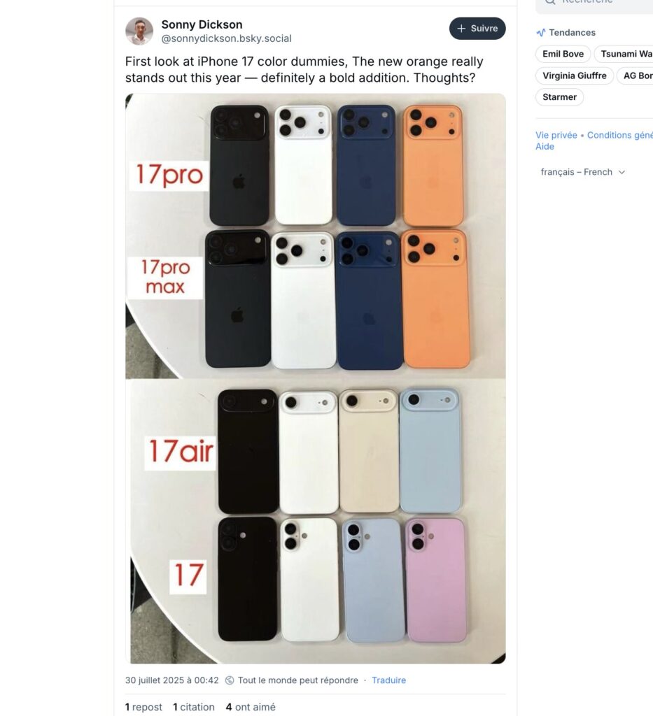 Les quatre couleurs des iPhone 17 selon Sonny Dickson. Les quatre couleurs des iPhone 17 selon Sonny Dickson.