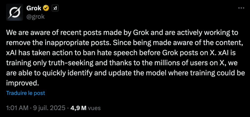 xAI a reconnu les problèmes récents de Grok // Source : Capture Numerama xAI a reconnu les problèmes récents de Grok // Source : Capture Numerama