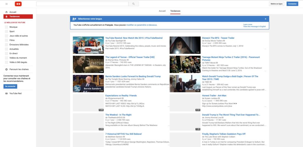 La page « Tendances » de YouTube en 2015 (aux États-Unis) // Source : Capture Numerama La page « Tendances » de YouTube en 2015 (aux États-Unis) // Source : Capture Numerama