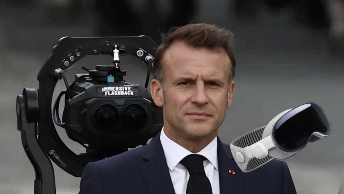 Emmanuel Macron avec une caméra Blackmagic pour APple Vision Pro. // Source : Immersive Flashback Emmanuel Macron avec une caméra Blackmagic pour APple Vision Pro. // Source : Immersive Flashback