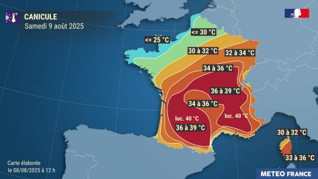 Prévisions pour le samedi 9 août 2025. // Source : Météo-France