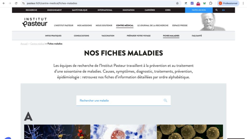 Interface du site de l'Institut Pasteur // Source : Capture écran-Diane Hassoun Interface du site de l'Institut Pasteur // Source : Capture écran-Diane Hassoun