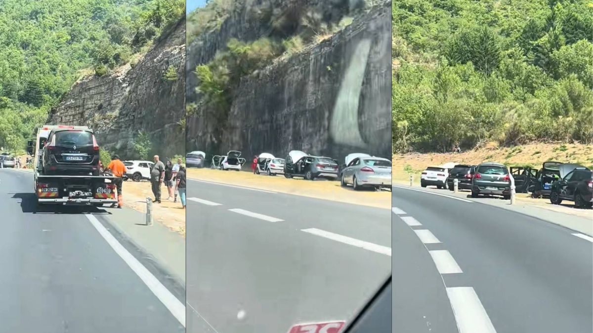 Cimetière de voitures thermiques sur l'A75 // Source : Extrait vidéo Tiktok - amandinemer