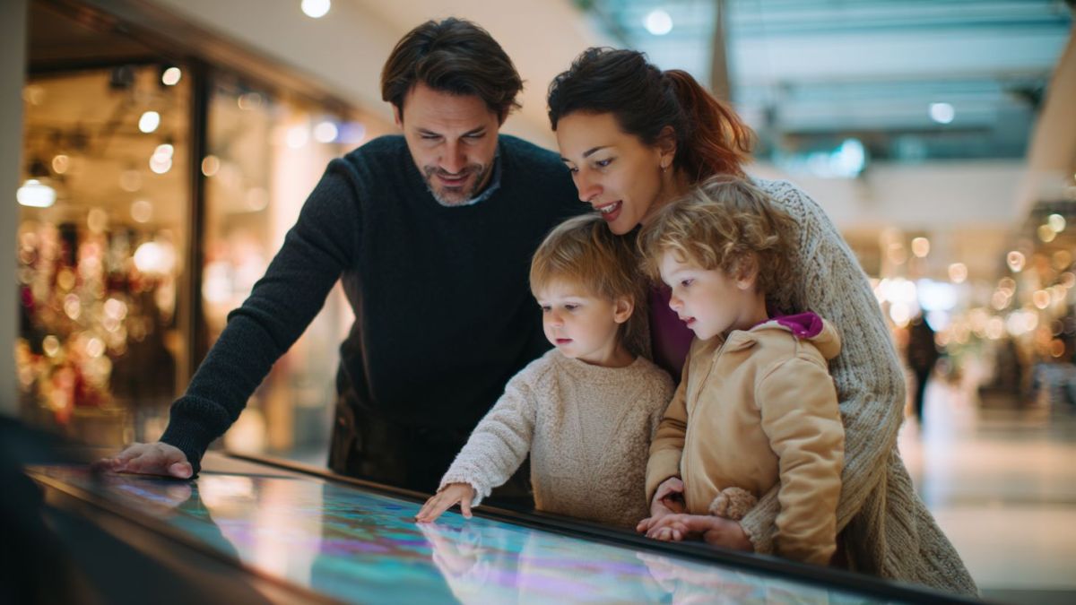 Un couple et ses enfants regardent une borne intéractive dans un centre commercial pour se repérer // Source : Midjourney - image générée par IA