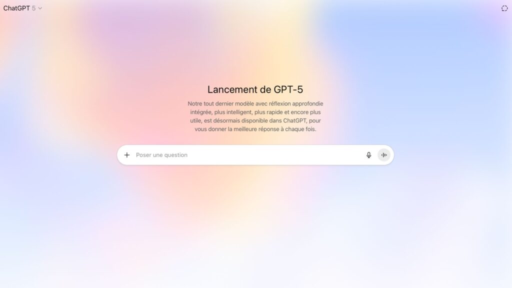 L'interface de ChatGPT au lancement de GPT-5. // Source : Capture d'écran ChatGPT L'interface de ChatGPT au lancement de GPT-5. // Source : Capture d'écran ChatGPT