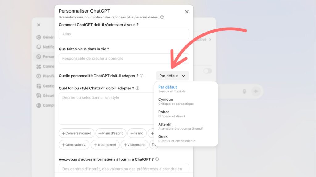 Les personnalités de ChatGPT. // Source : Capture d'écran ChatGPT Les personnalités de ChatGPT. // Source : Capture d'écran ChatGPT
