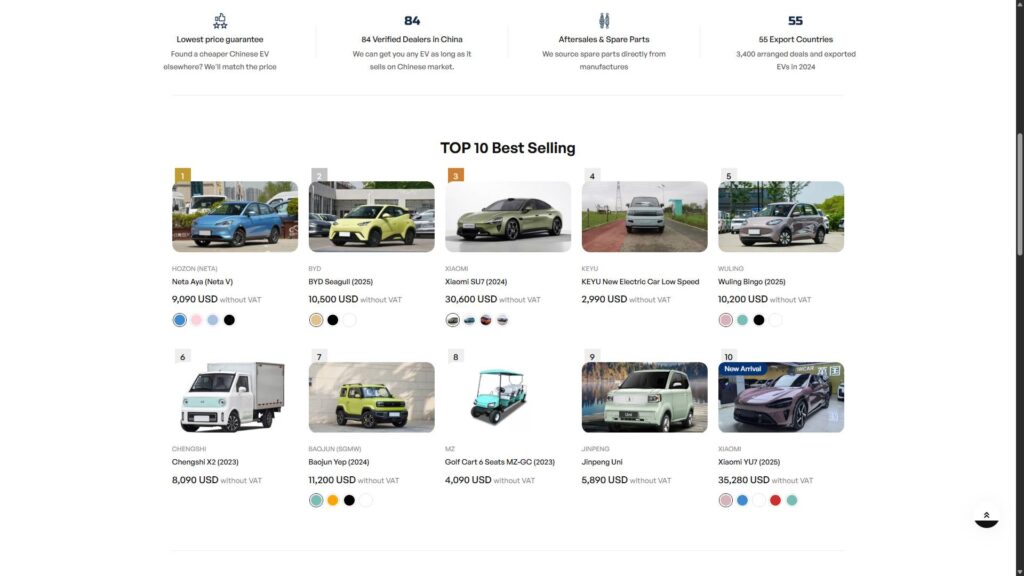 Meilleures ventes du site China EV Marketplace // Source : Capture du site 