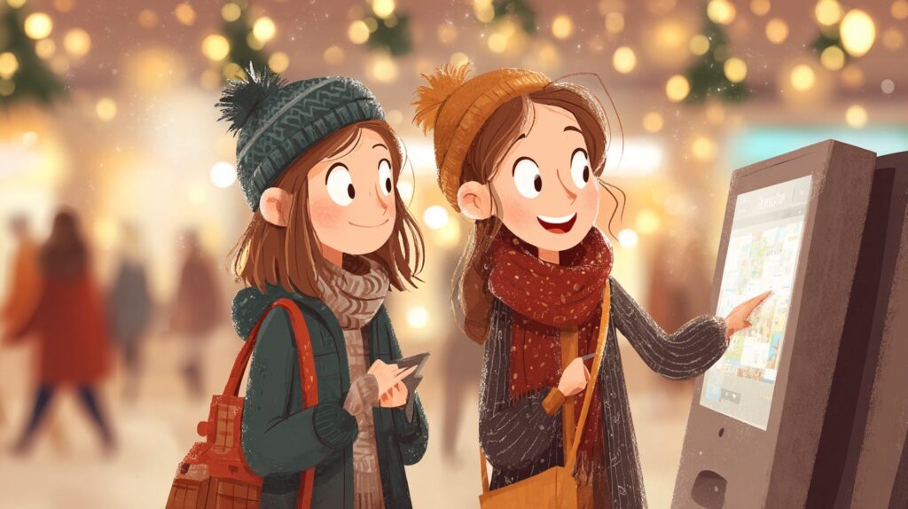 Deux amies utilisent une borne tactile dans un centre commercial // Source : Midjourney
