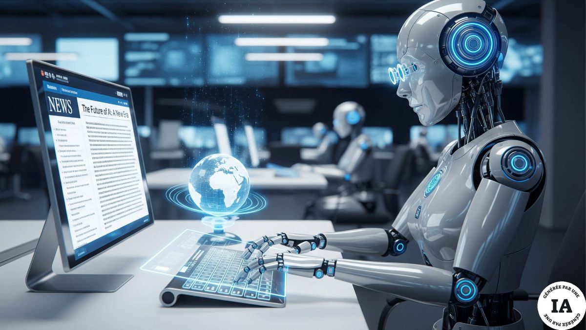 Un robot journaliste dans une rédaction. // Source : Numerama avec Google Imagen Un robot journaliste dans une rédaction. // Source : Numerama avec Google Imagen