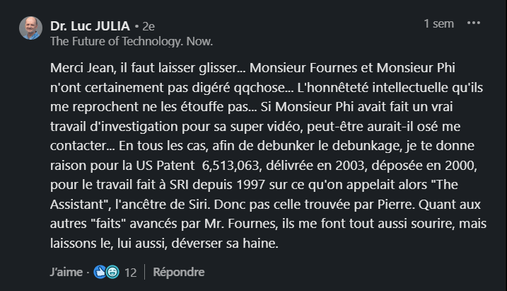 Une des rares déclarations de Luc Julia depuis l'affaire lancée par MonsieurPhi. Une des rares déclarations de Luc Julia depuis l'affaire lancée par MonsieurPhi.