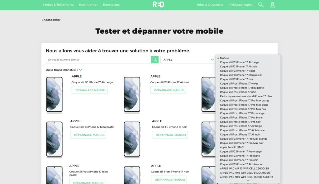 Sur la page d'assistance de Red by SFR, les coques des iPhone 17 sont déjà référencées.
