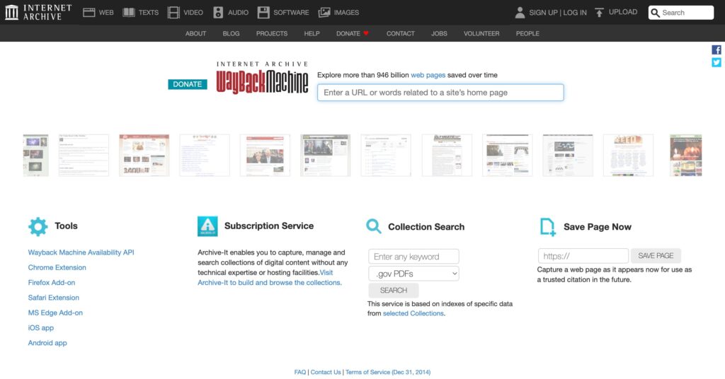 La page d'accueil de la Wayback Machine // Source : Capture Numerama La page d'accueil de la Wayback Machine // Source : Capture Numerama