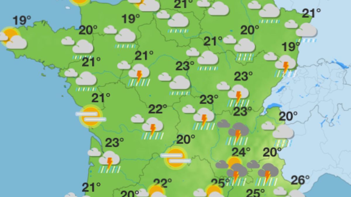 Prévisions en France pour le 20 août 2025. // Source : Capture d'écran Météo-France Prévisions en France pour le 20 août 2025. // Source : Capture d'écran Météo-France