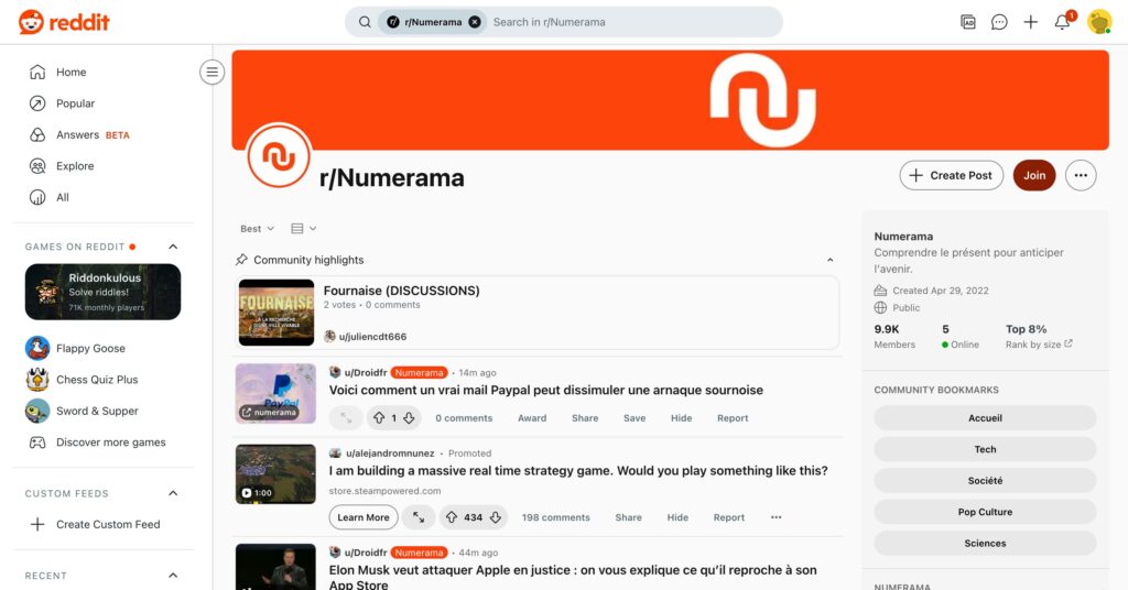 Le forum Reddit consacré à Numerama // Source : Capture Numerama Le forum Reddit consacré à Numerama // Source : Capture Numerama