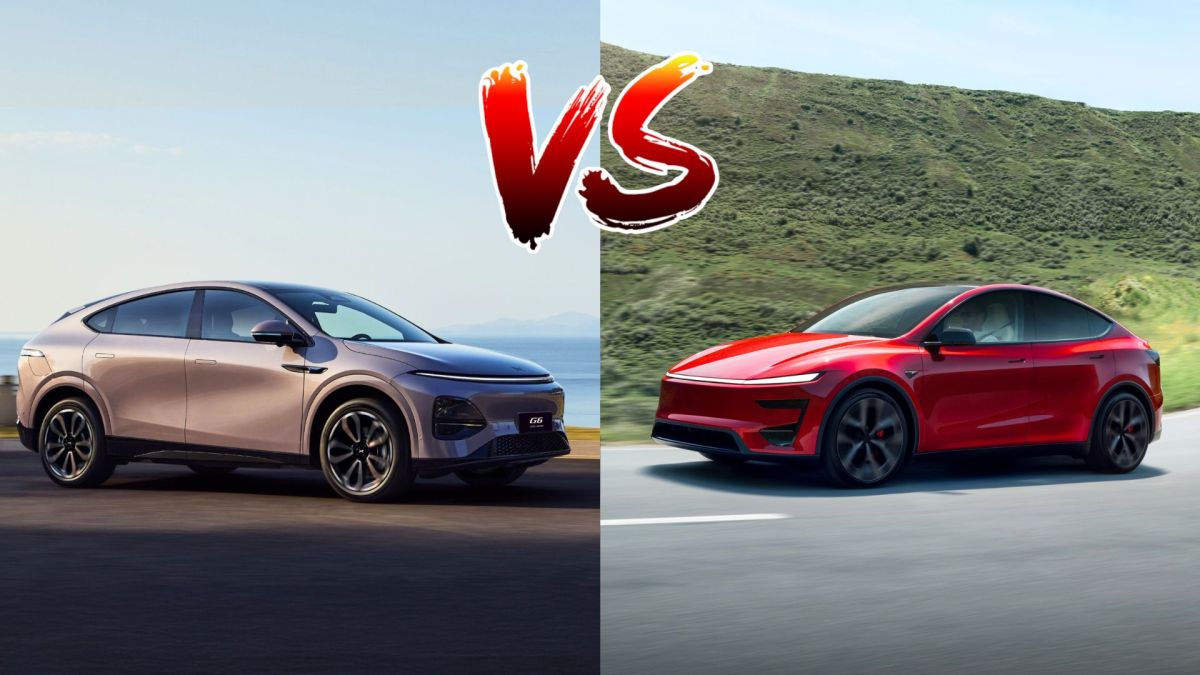 Le nouveau Tesla Model Y Performance vs le Xpeng G6 Performance // Source : Montage de Robin San Vicente pour Numerama