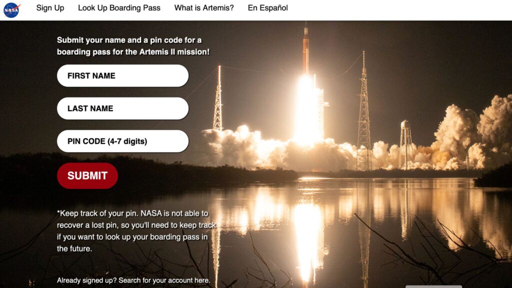 Le site et l'interface où rentrer son nom pour embarquer sur la Lune // Source : Capture écran Numerama- site de la Nasa Le site et l'interface où rentrer son nom pour embarquer sur la Lune // Source : Capture écran Numerama- site de la Nasa