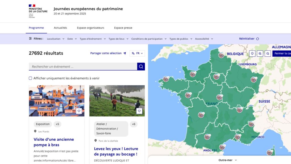 La carte des Journées du patrimoine 2025 // Source : Capture d'écran du Ministère de la culture La carte des Journées du patrimoine 2025 // Source : Capture d'écran du Ministère de la culture