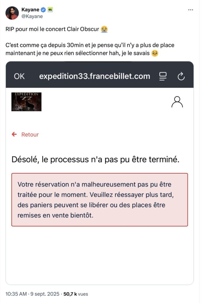 Les ventes des places du concert Clair Obscur: Expedition 33 virent au cauchemar // Source : Capture d'écran Les ventes des places du concert Clair Obscur: Expedition 33 virent au cauchemar // Source : Capture d'écran