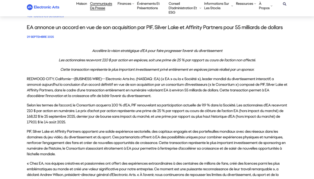 La transaction devrait se conclure au premier trimestre de l'exercice fiscal 2027, soit entre avril et juin 2026. // Source : EA La transaction devrait se conclure au premier trimestre de l'exercice fiscal 2027, soit entre avril et juin 2026. // Source : EA