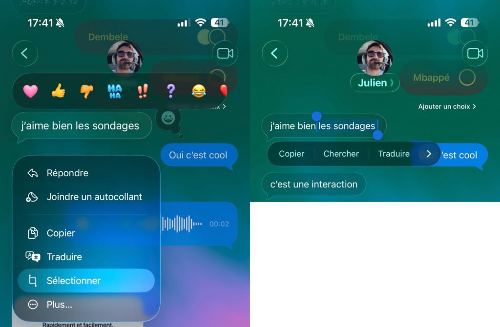 La sélection d'un bout de texte dans iOS 26.