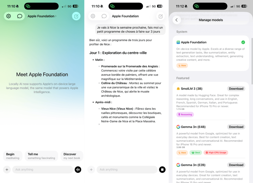 L'interface de Locally AI sur iPhone.