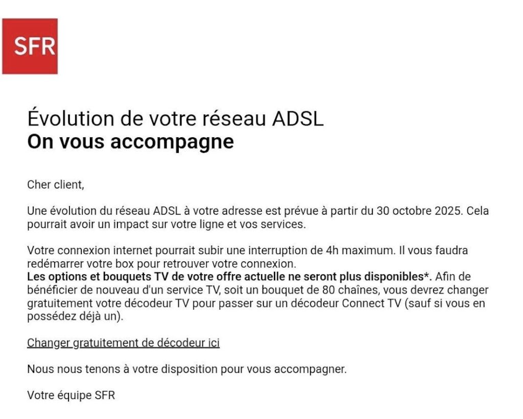Le mail envoyé par SFR à ses abonnés concernés. Le mail envoyé par SFR à ses abonnés concernés.