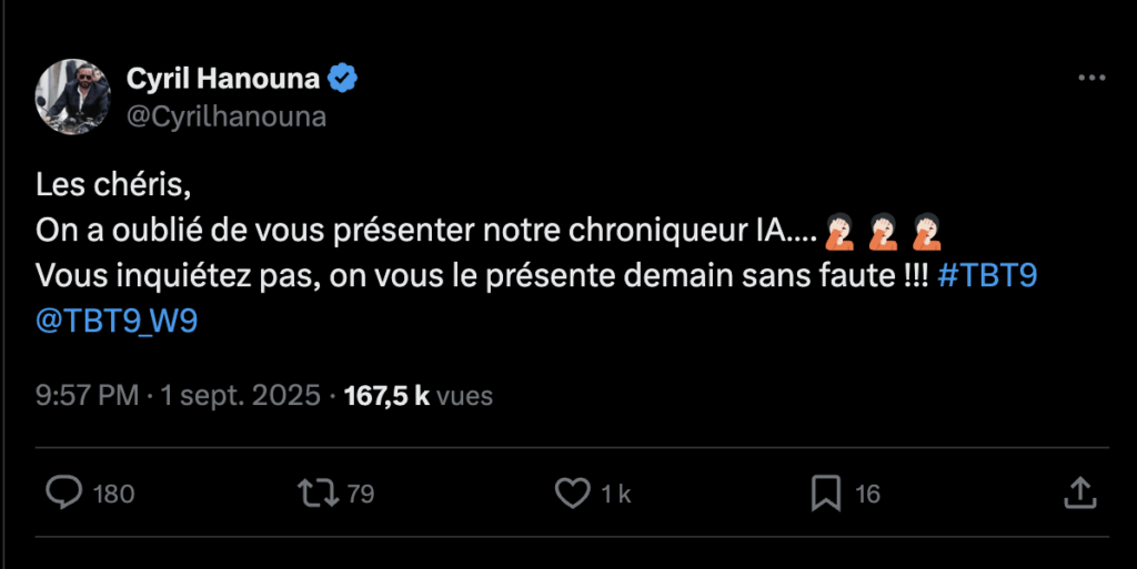Sur Twitter, Cyril Hanouna indique que son chroniqueur IA sera présenté le 2 septembre.