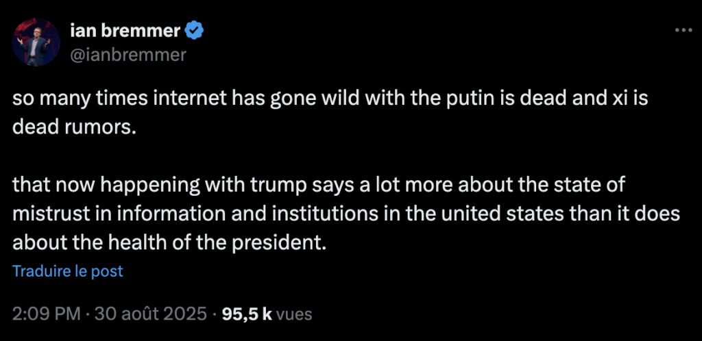 Pour le politologue Ian Bremmer, la diffusion de cette rumeur dit beaucoup de l'état des réseaux sociaux et de son rapport à la vérité.