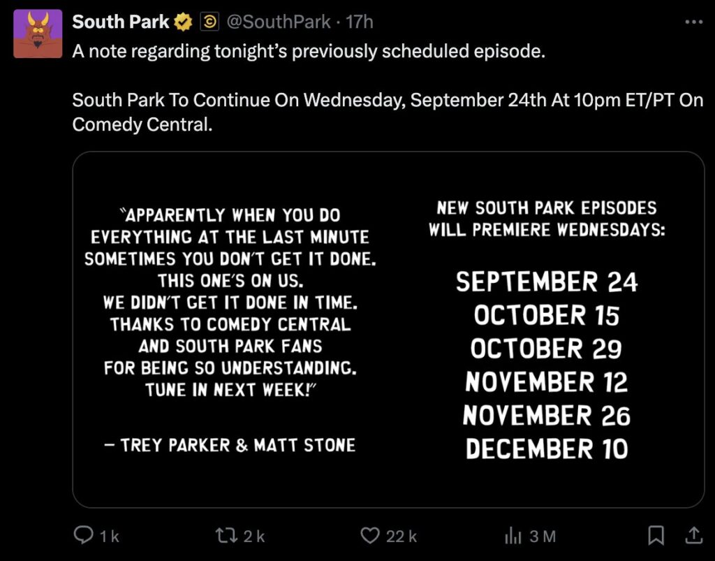 L'annonce de South Park, qui déprogramme son dernier épisode. L'annonce de South Park, qui déprogramme son dernier épisode.