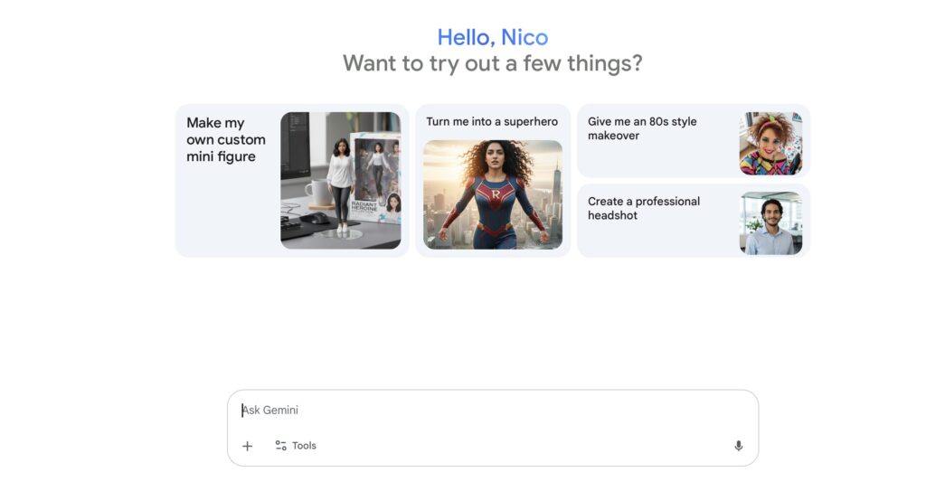 La nouvelle page d'accueil de Google Gemini met en avant des exemples de prompts nano-banana. La nouvelle page d'accueil de Google Gemini met en avant des exemples de prompts nano-banana.
