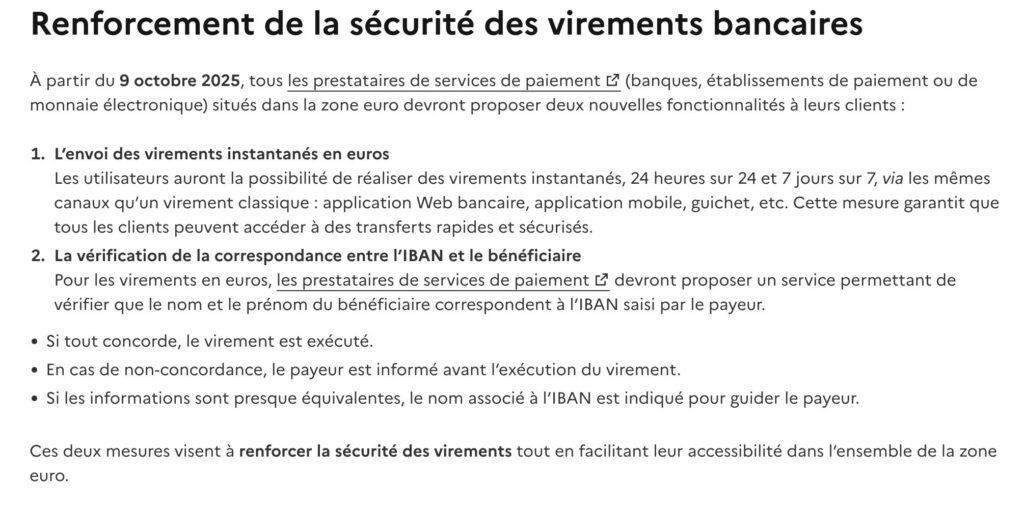 La page du ministère de l'économie qui résume les changements en octobre liste les changements pour les virements. La page du ministère de l'économie qui résume les changements en octobre liste les changements pour les virements.