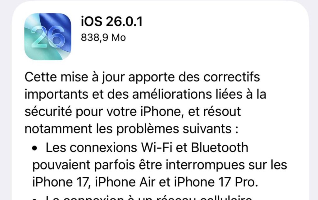 iOS 26.0.1 sur un iPhone 17.