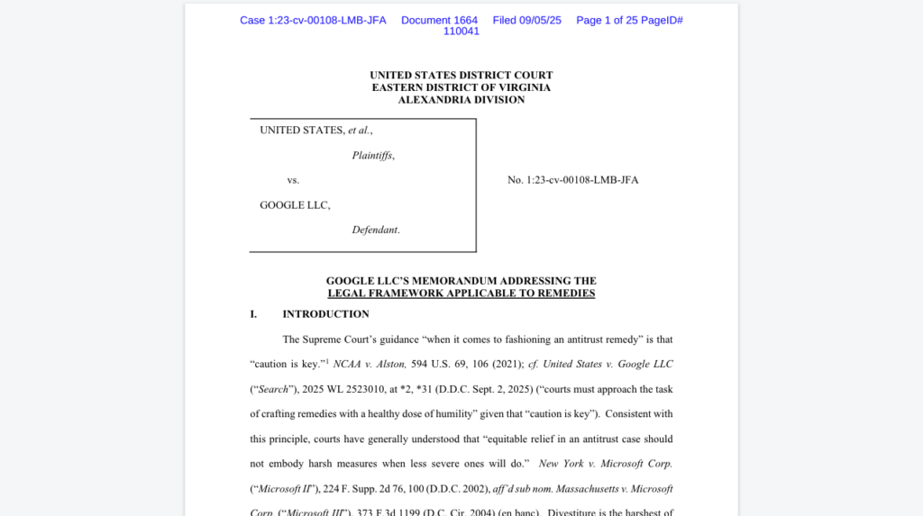 Le document judiciaire de 25 pages déposé par Google // Source : Capture Numerama Le document judiciaire de 25 pages déposé par Google // Source : Capture Numerama