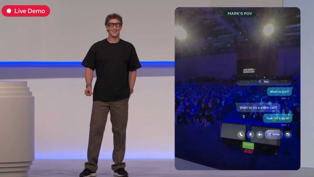 Zuckerberg pendant le Meta Connect 2025 avec les Meta Ray-Ban Display. // Source : Meta Zuckerberg pendant le Meta Connect 2025 avec les Meta Ray-Ban Display. // Source : Meta
