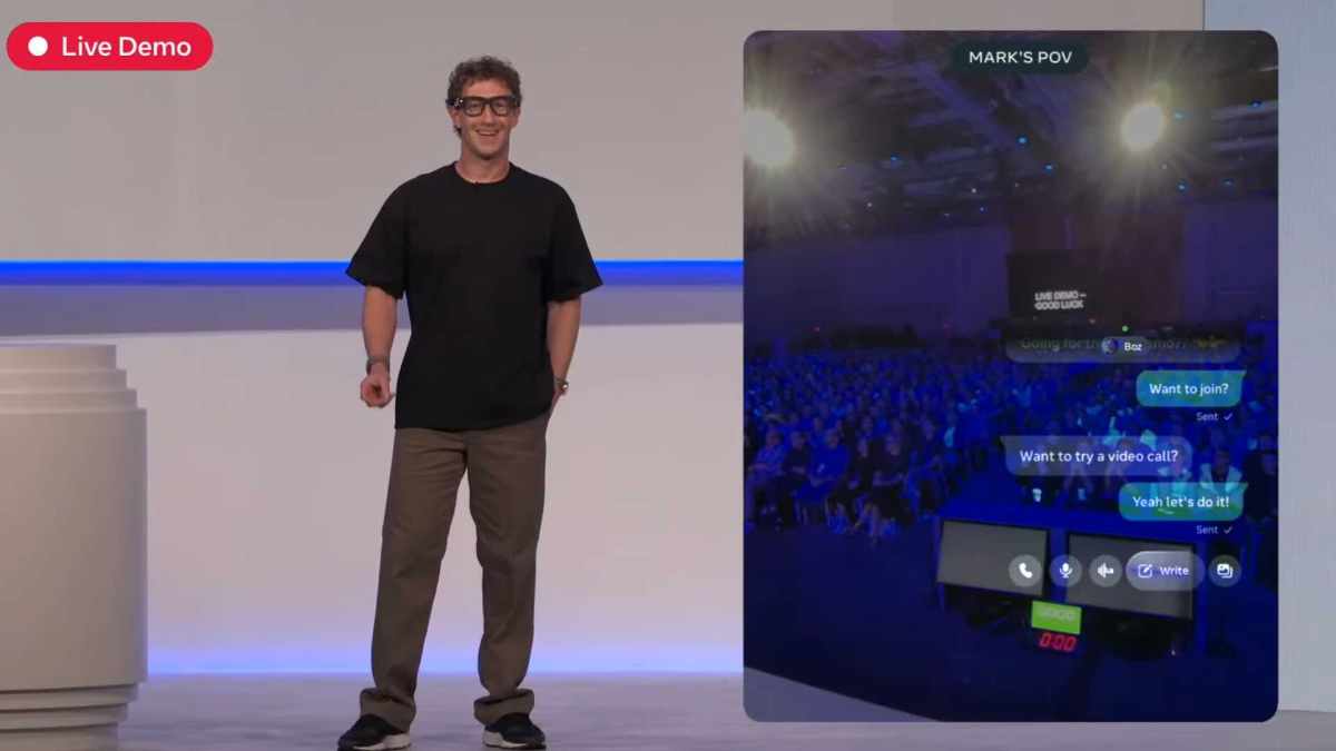 Zuckerberg pendant le Meta Connect 2025 avec les Meta Ray-Ban Display. // Source : Meta Zuckerberg pendant le Meta Connect 2025 avec les Meta Ray-Ban Display. // Source : Meta