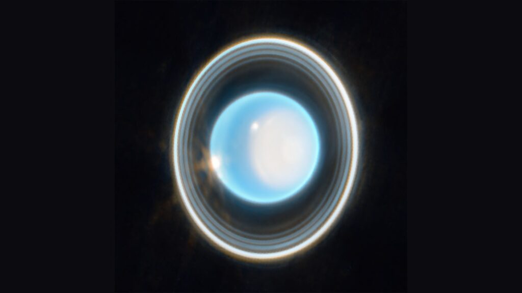 Cette image agrandie d'Uranus, capturée par la caméra proche infrarouge sur le télescope spatial James Webb de la NASA le 6 février 2023, révèle des vues imprenables sur les anneaux d'Uranus. // Source : NASA, ESA, CSA, STScI Cette image agrandie d'Uranus, capturée par la caméra proche infrarouge sur le télescope spatial James Webb de la NASA le 6 février 2023, révèle des vues imprenables sur les anneaux d'Uranus. // Source : NASA, ESA, CSA, STScI
