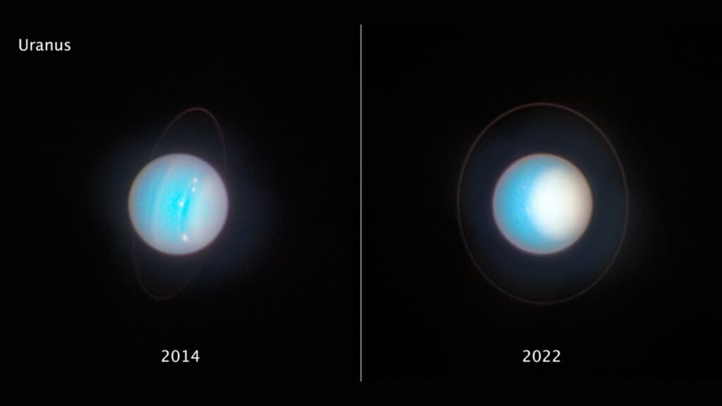 Images côte à côte d'Uranus, prises à huit ans d'intervalle par le télescope spatial Hubble de la NASA. // Source : NASA, ESA, STScI, A. Simon (NASA-GSFC), M. H. Wong (UC Berkeley), J. DePasquale (STScI) Images côte à côte d'Uranus, prises à huit ans d'intervalle par le télescope spatial Hubble de la NASA. // Source : NASA, ESA, STScI, A. Simon (NASA-GSFC), M. H. Wong (UC Berkeley), J. DePasquale (STScI)