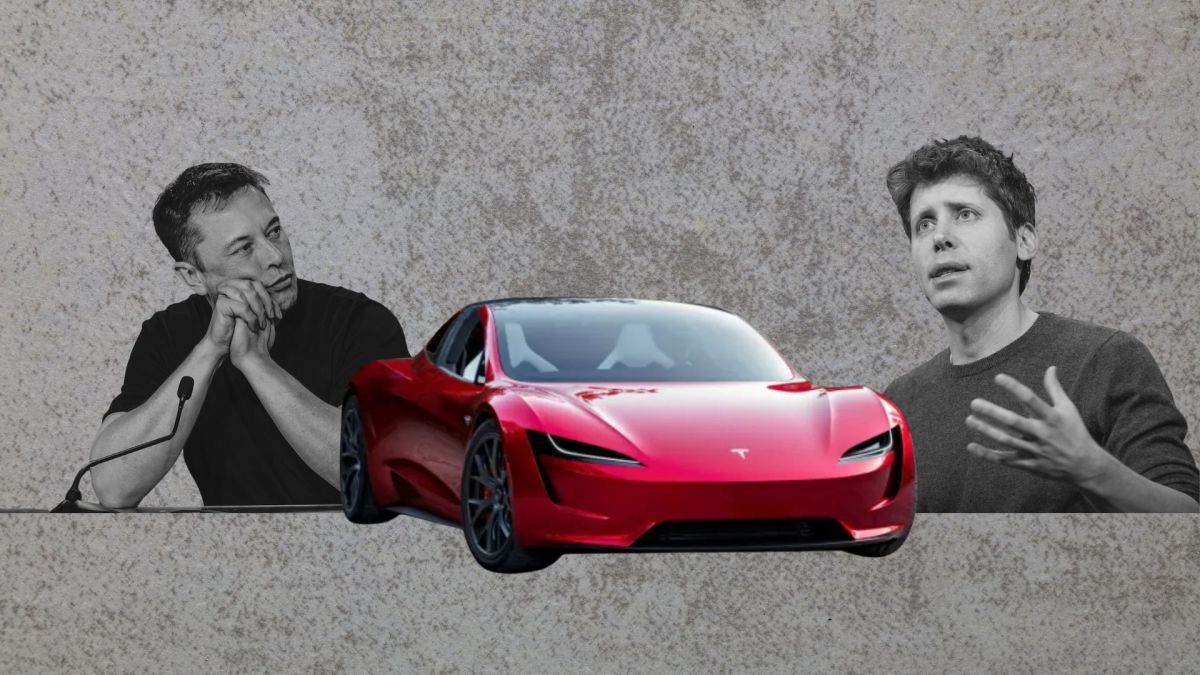 Le Tesla Roadster nouveau sujet de dispute entre Altman et Musk // Source : Montage Numerama réalisé avec Canva Le Tesla Roadster nouveau sujet de dispute entre Altman et Musk // Source : Montage Numerama réalisé avec Canva