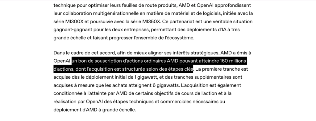 AMD accorde à OpenAI un warrant pour acquérir jusqu’à 160 millions d’actions AMD. // Source : OpenAI AMD accorde à OpenAI un warrant pour acquérir jusqu’à 160 millions d’actions AMD. // Source : OpenAI